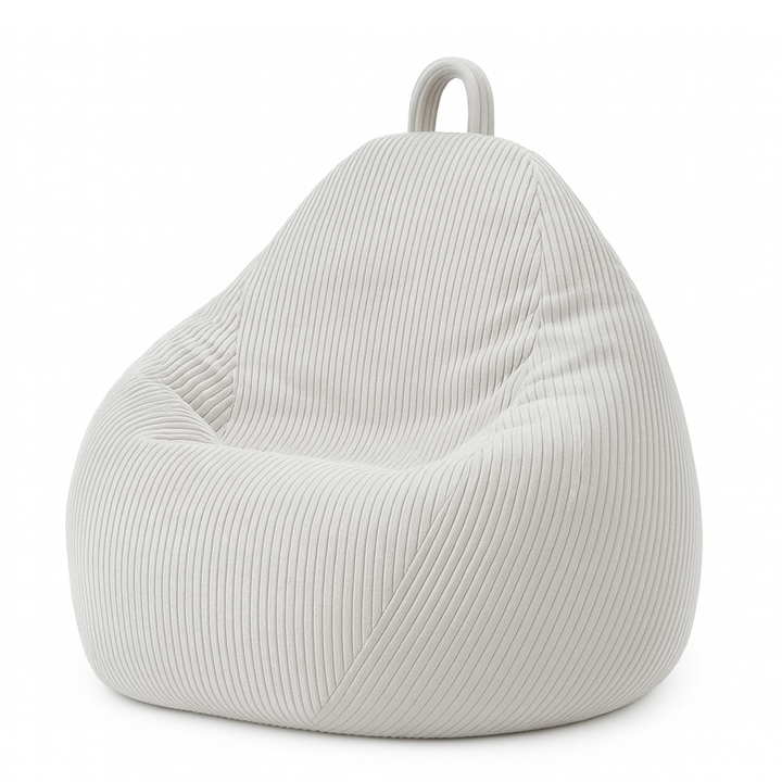 Pouf poire déhoussable en velours côtelé gris, forme poire rembourrée avec poignée