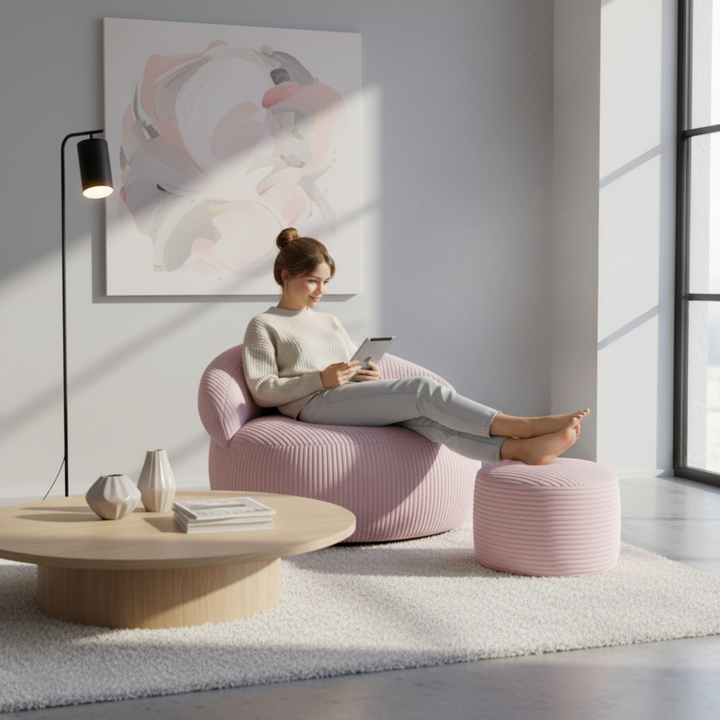 Personne assise sur un pouf XXL en velours côtelé, dans un salon