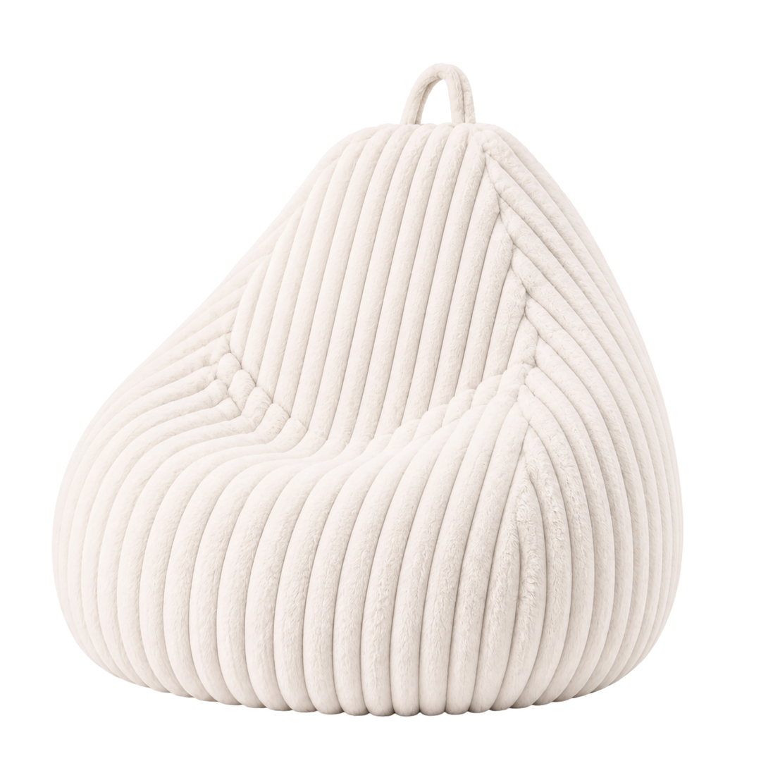 Pouf poire blanc en fourrure côtelée, forme poire avec poignée