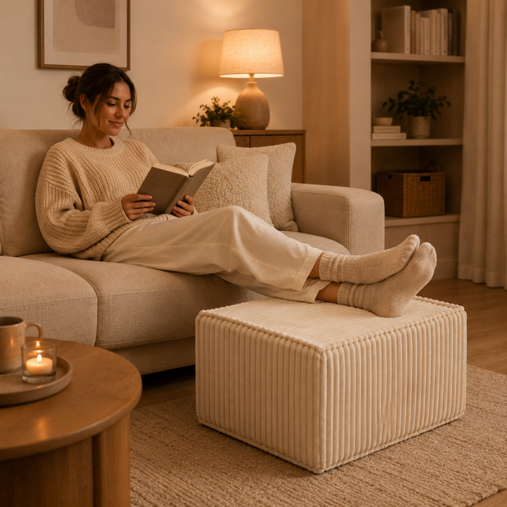 Personne reposant sur un repose-pieds déhoussable en velours côtelé blanc cassé, dans un salon