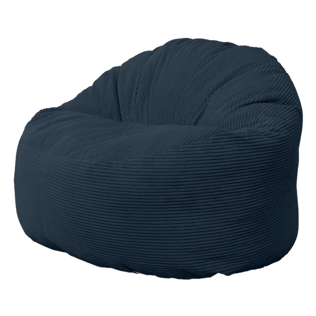 Pouf en velours côtelé épais, dossier arrondi, vue de trois-quarts