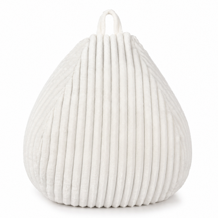 Pouf poire déhoussable en fausse fourrure côtelée blanc cassé, vue de face
