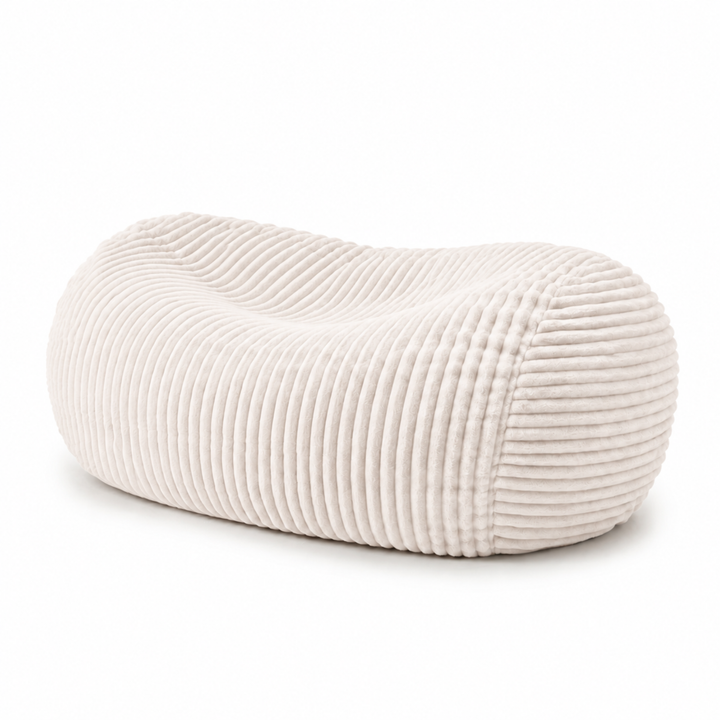Pouf long géant déhoussable blanc cassé en fourrure côtelée
