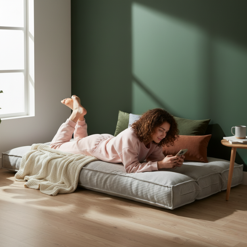 Futon déhoussable gris 90 x 190 cm, velours côtelé