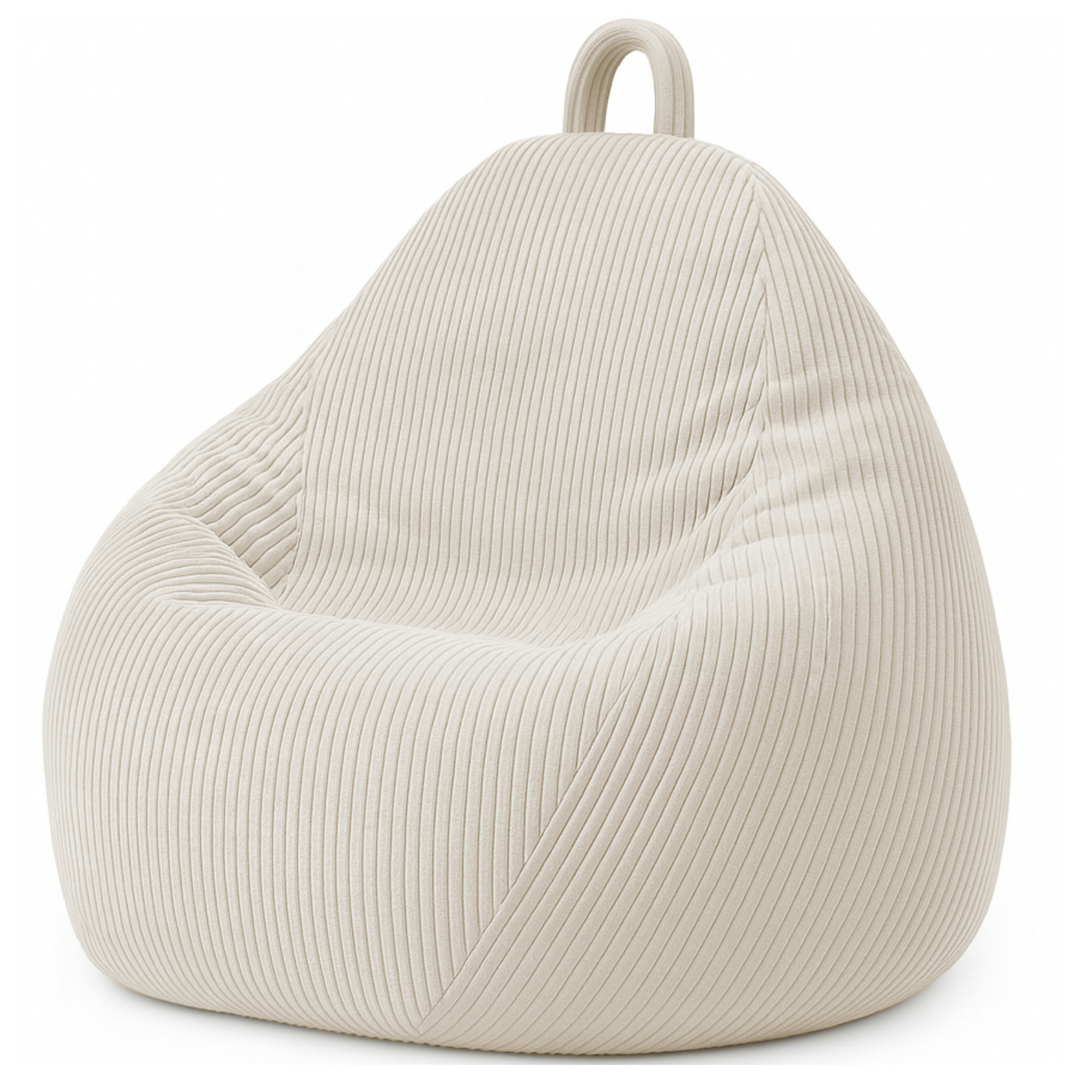 Pouf poire déhoussable en velours côtelé beige, forme poire rembourrée avec poignée