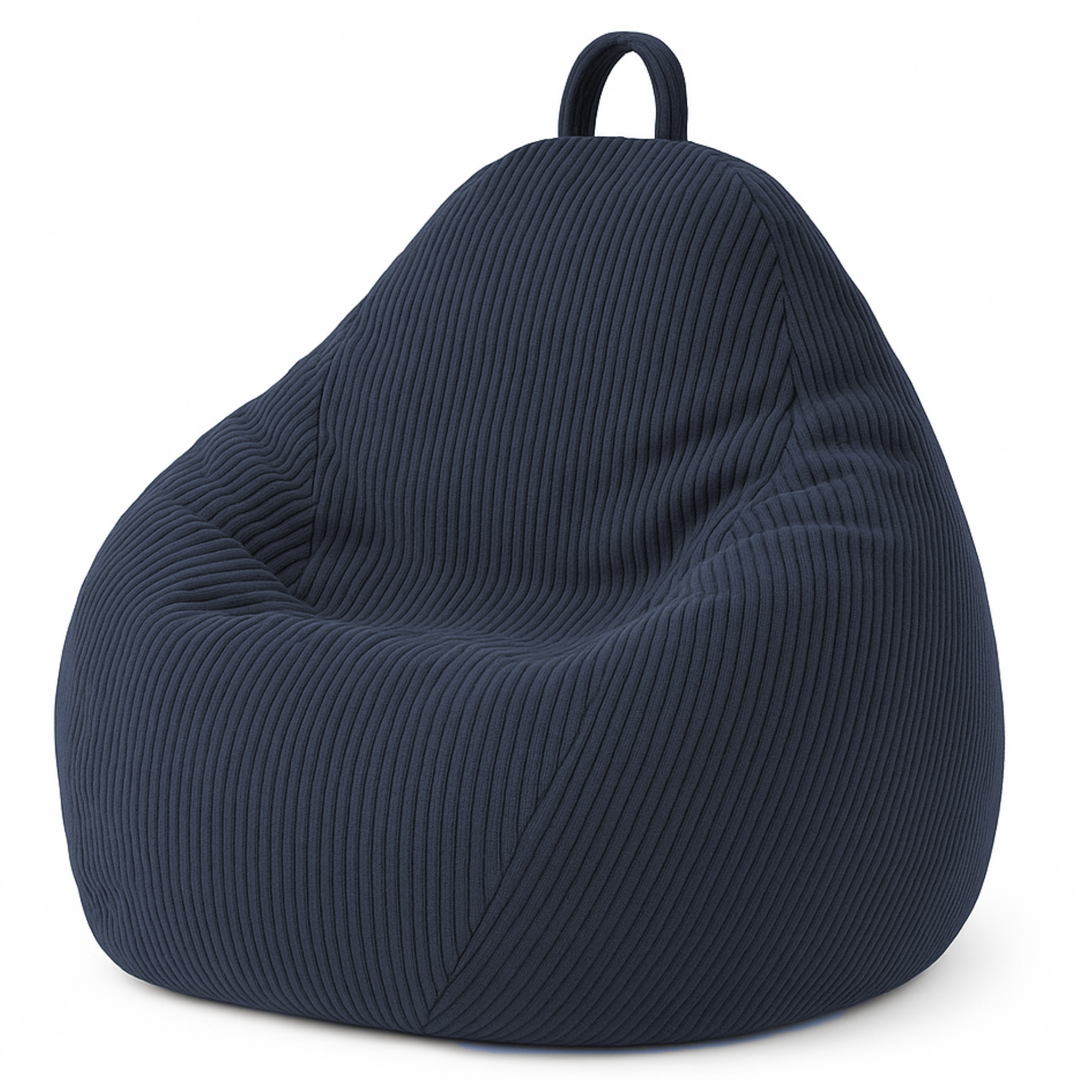 Pouf poire déhoussable en velours côtelé bleu foncé, forme poire rembourrée avec poignée