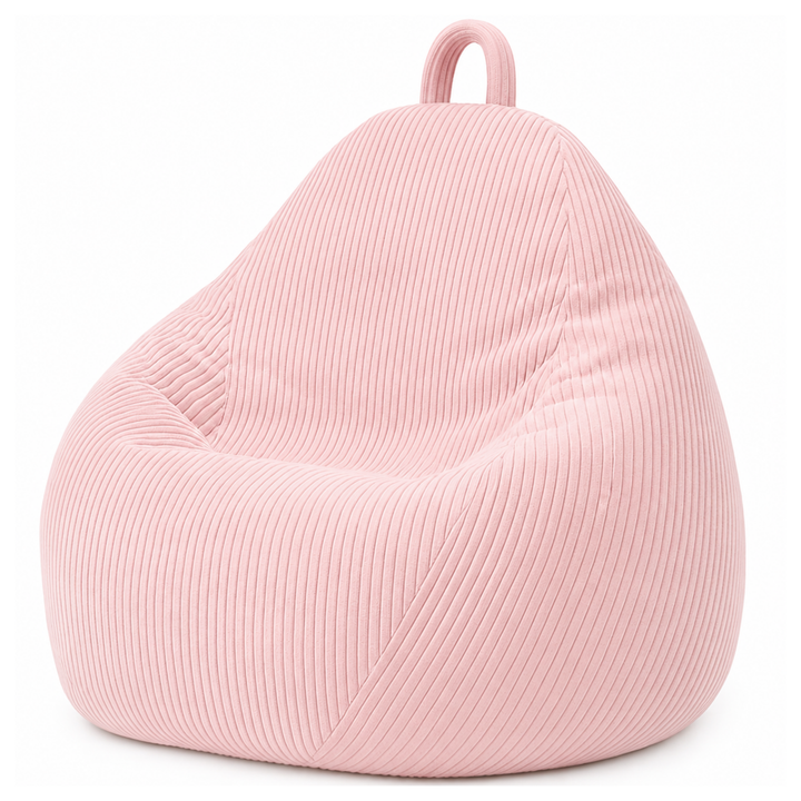 Pouf poire déhoussable en velours côtelé rose, forme poire rembourrée avec poignée