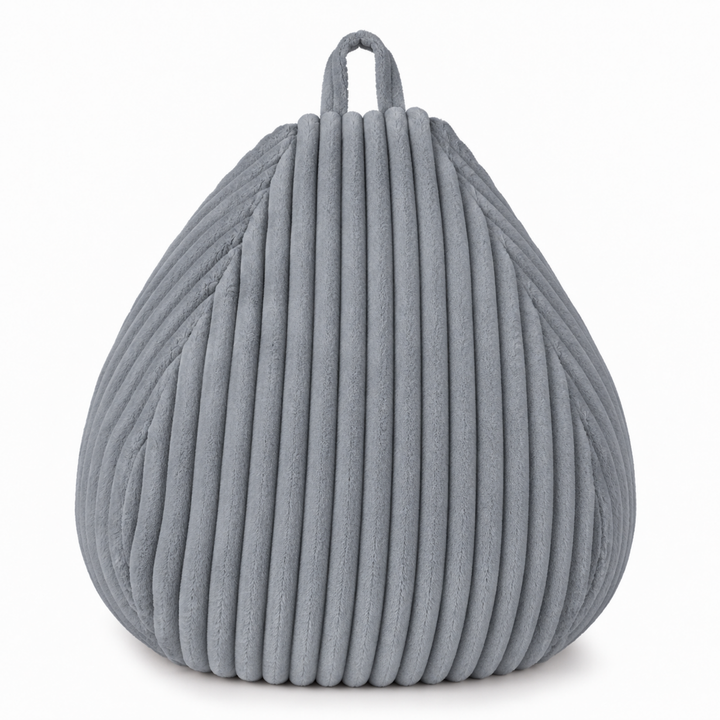 Pouf poire en fourrure côtelée grise, poignée de transport
