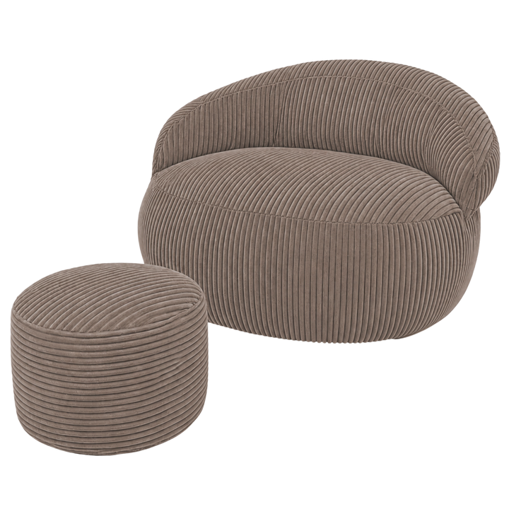 Pouf XXL velours côtelé marron avec repose-pieds assorti, forme ronde.
