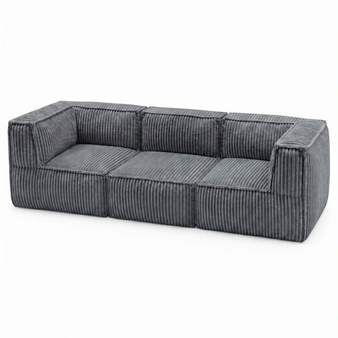 Canapé modulable 3 places déhoussable en velours côtelé gris foncé, vue de trois-quarts