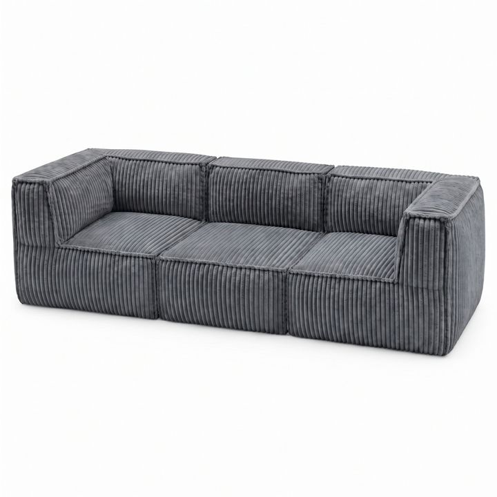 Canapé modulable 3 places déhoussable en velours côtelé gris foncé, vue de trois-quarts