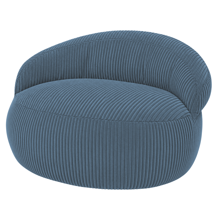 Pouf XXL déhoussable en velours côtelé bleu, forme ovale, vue de trois-quarts