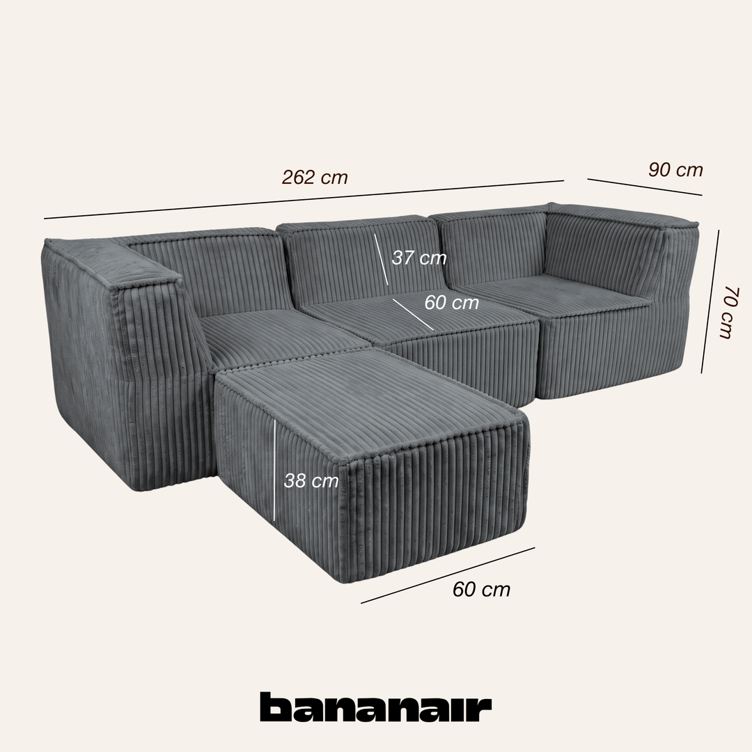 Canapé modulable en velours côtelé gris foncé avec méridienne 90×262 cm