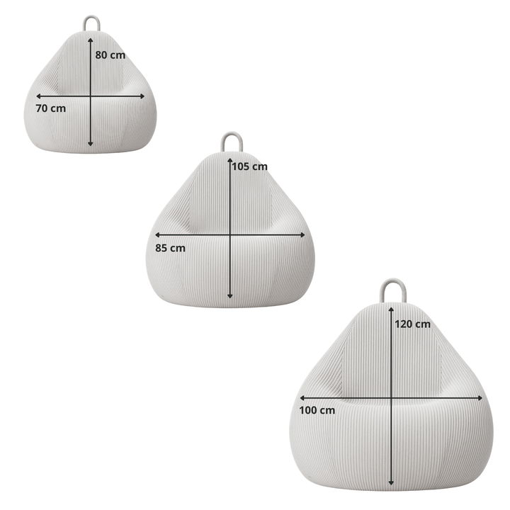 Schéma des dimensions du pouf poire déhoussable en velours côtelé : (80x70, 85x105, 100x120 cm).