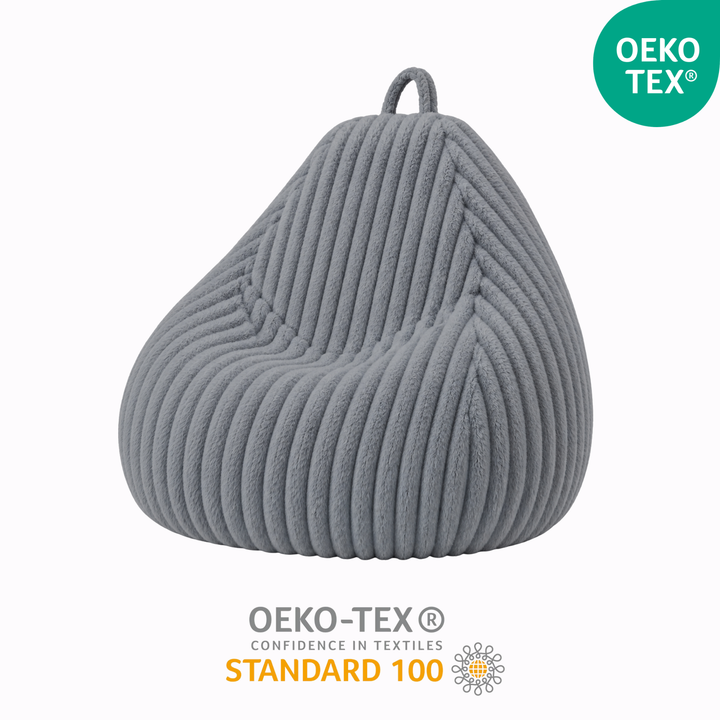 Pouf poire déhoussable en fourrure côtelée, marquage OEKO-TEX Standard.
