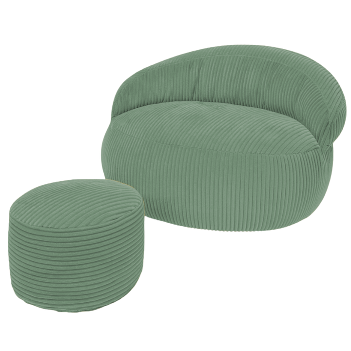 Pouf XXL en velours côtelé vert foncé, avec repose-pieds rond assorti