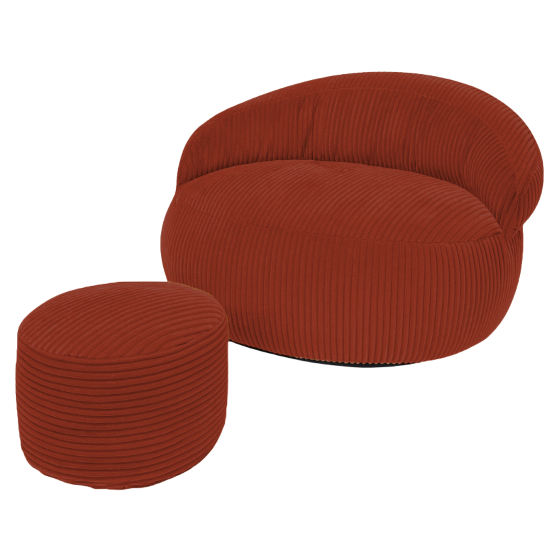 Pouf XXL en velours côtelé rouge brique, avec repose-pieds rond assorti