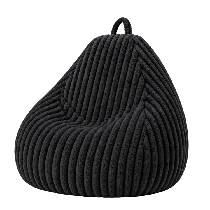 Pouf poire noir en fourrure côtelée, forme poire avec poignée
