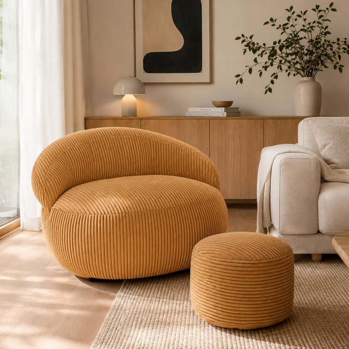 Pouf XXL velours côtelé rond avec repose-pieds assorti, dans un salon.