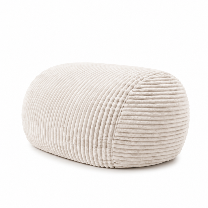Pouf long géant déhoussable blanc cassé en fourrure côtelée