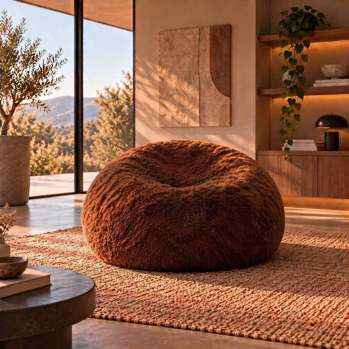 Pouf géant Banabag en fourrure marron, forme ronde, vue dans un intérieur