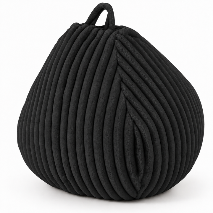 Pouf poire noir fourrure côtelée avec poignée intégrée