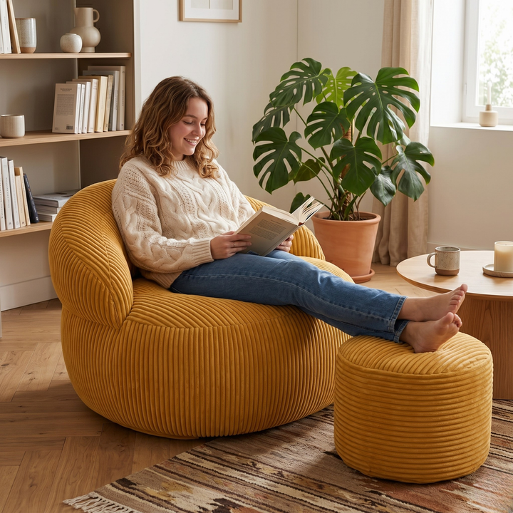 Personne assise confortablement sur un pouf XXL en velours côtelé avec repose-pieds, dans un salon