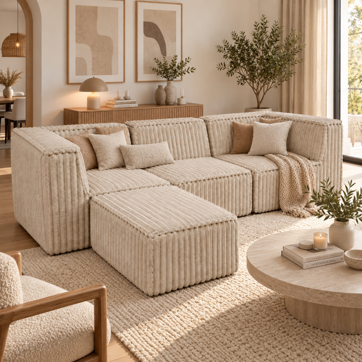 Canapé modulable beige avec méridienne, coussins et accoudoirs en fourrure côtelée.