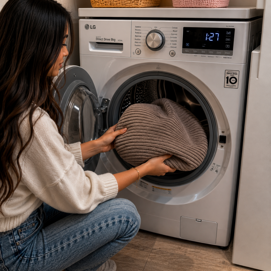 Housse amovible du pouf XXL en velours côtelé, mise dans un lave-linge