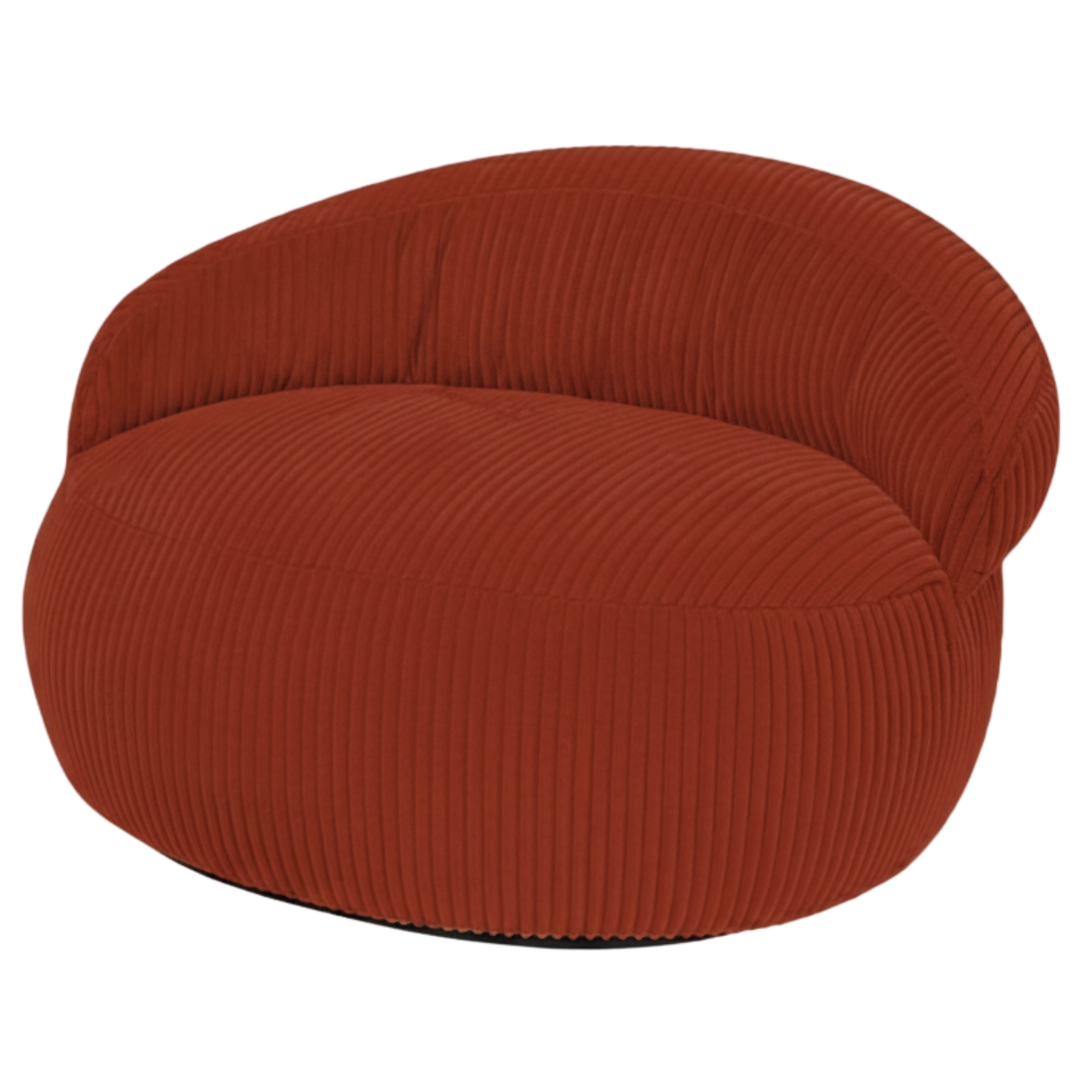 Pouf XXL déhoussable en velours côtelé rouge brique, forme arrondie, vue de trois-quarts