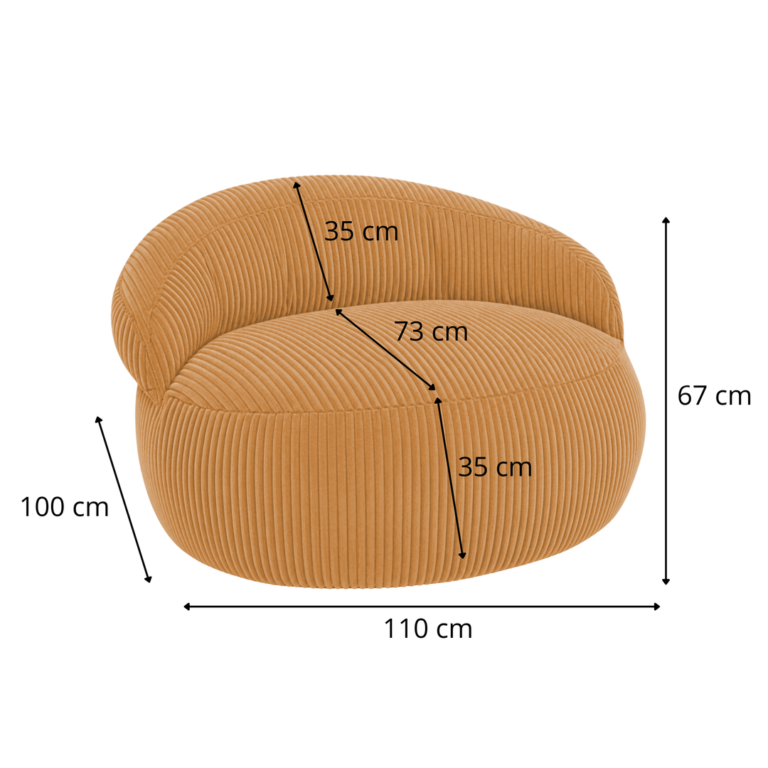 Pouf XXL déhoussable en velours côtelé jaune, dimensions 110x100 cm, forme ronde.