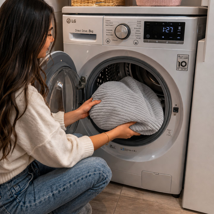 Housse amovible du pouf XXL en velours côtelé, mise dans un lave-linge