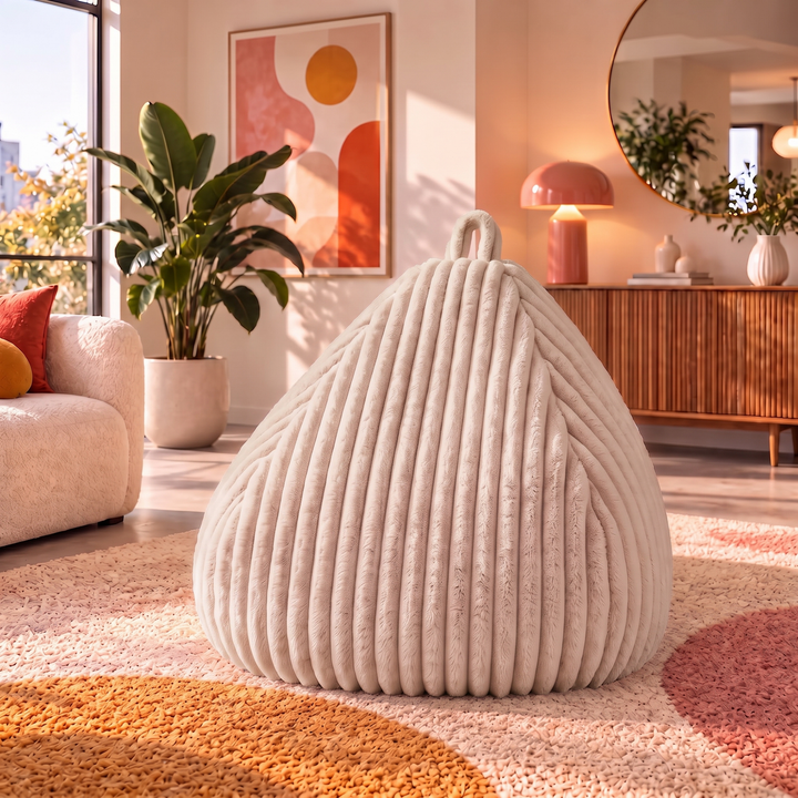 Pouf poire en fourrure côtelée, forme arrondie avec poignée, vue en intérieur