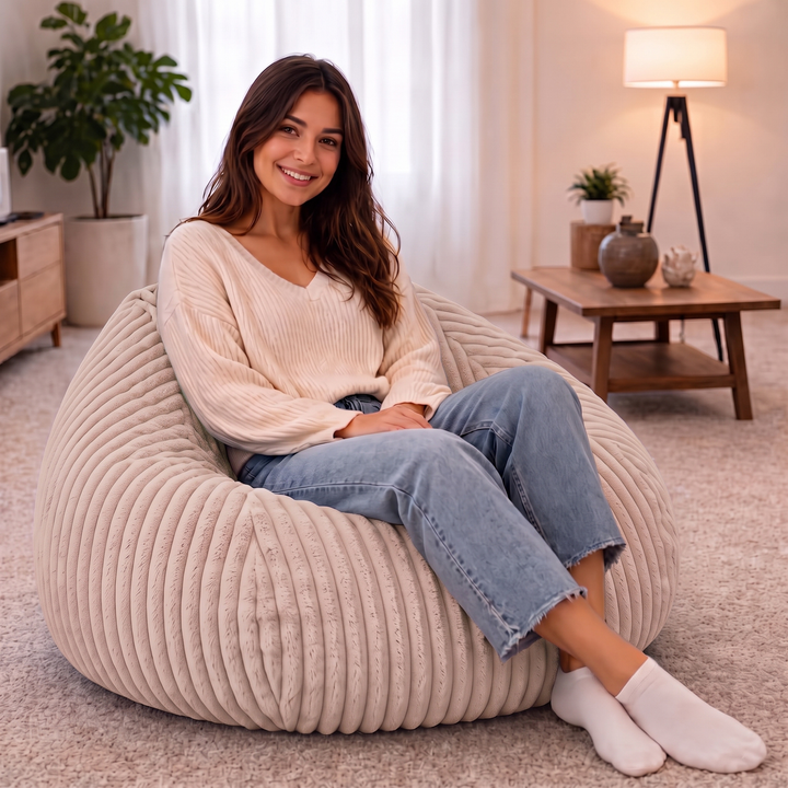 Personne assise confortablement dans un pouf poire en fourrure côtelée