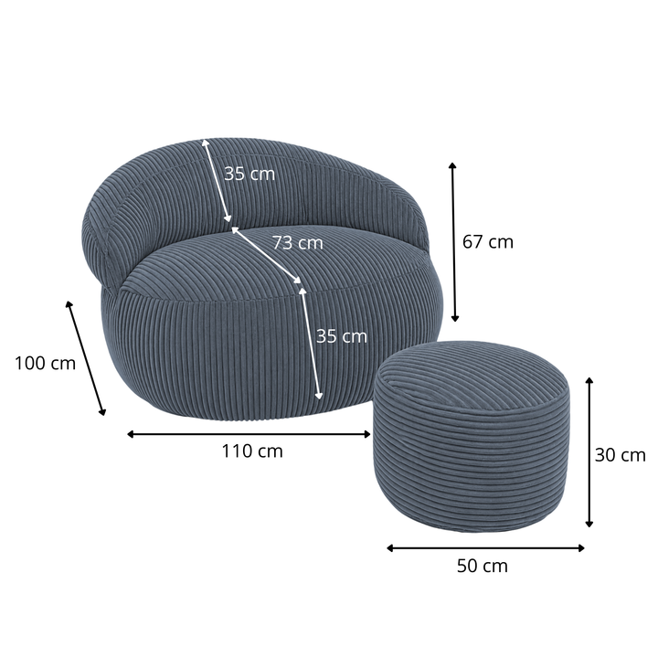 Ensemble pouf XXL et repose-pieds velours côtelé, dimensions indiquées 110x100 cm