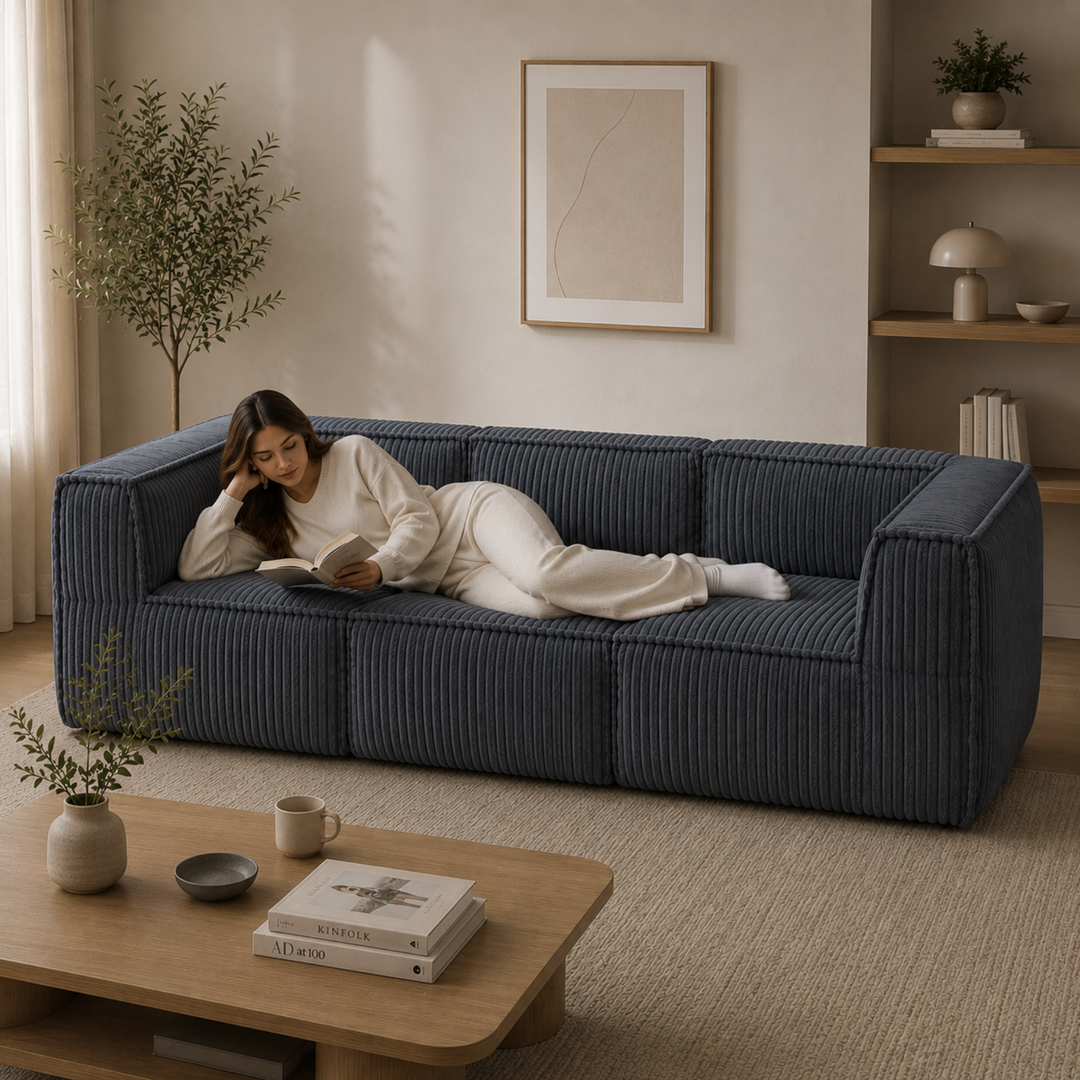Personne allongée sur le canapé modulable 3 places en velours côtelé gris foncé