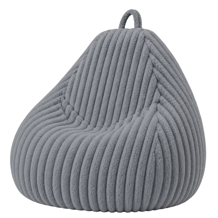 Pouf poire gris en fourrure côtelée, forme poire avec poignée