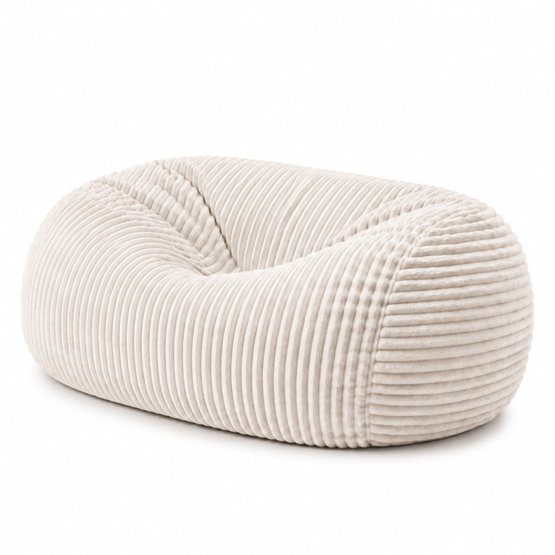 Pouf long géant déhoussable blanc cassé en fourrure côtelée