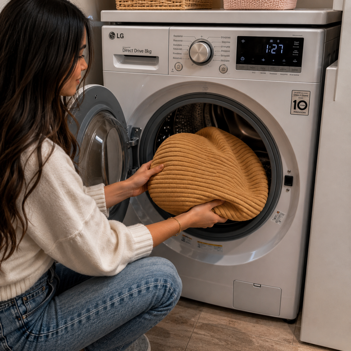 Housse lavable du pouf XXL en velours côtelé dans une machine à laver.