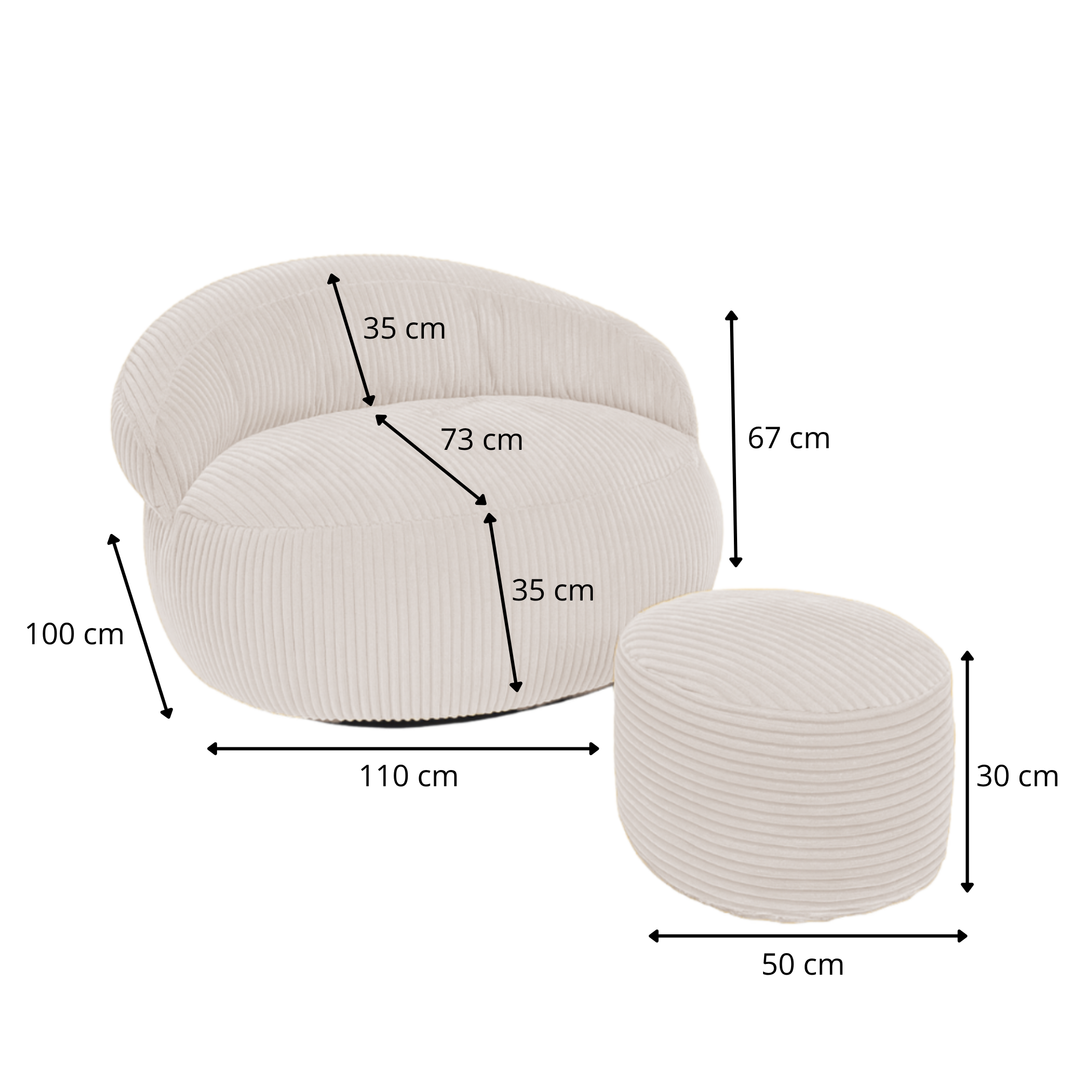 Ensemble pouf XXL et repose-pieds velours côtelé, dimensions indiquées 110x100 cm
