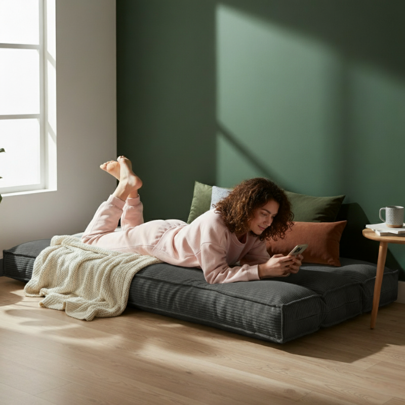 Futon déhoussable gris foncé 90 x 190 cm, velours côtelé