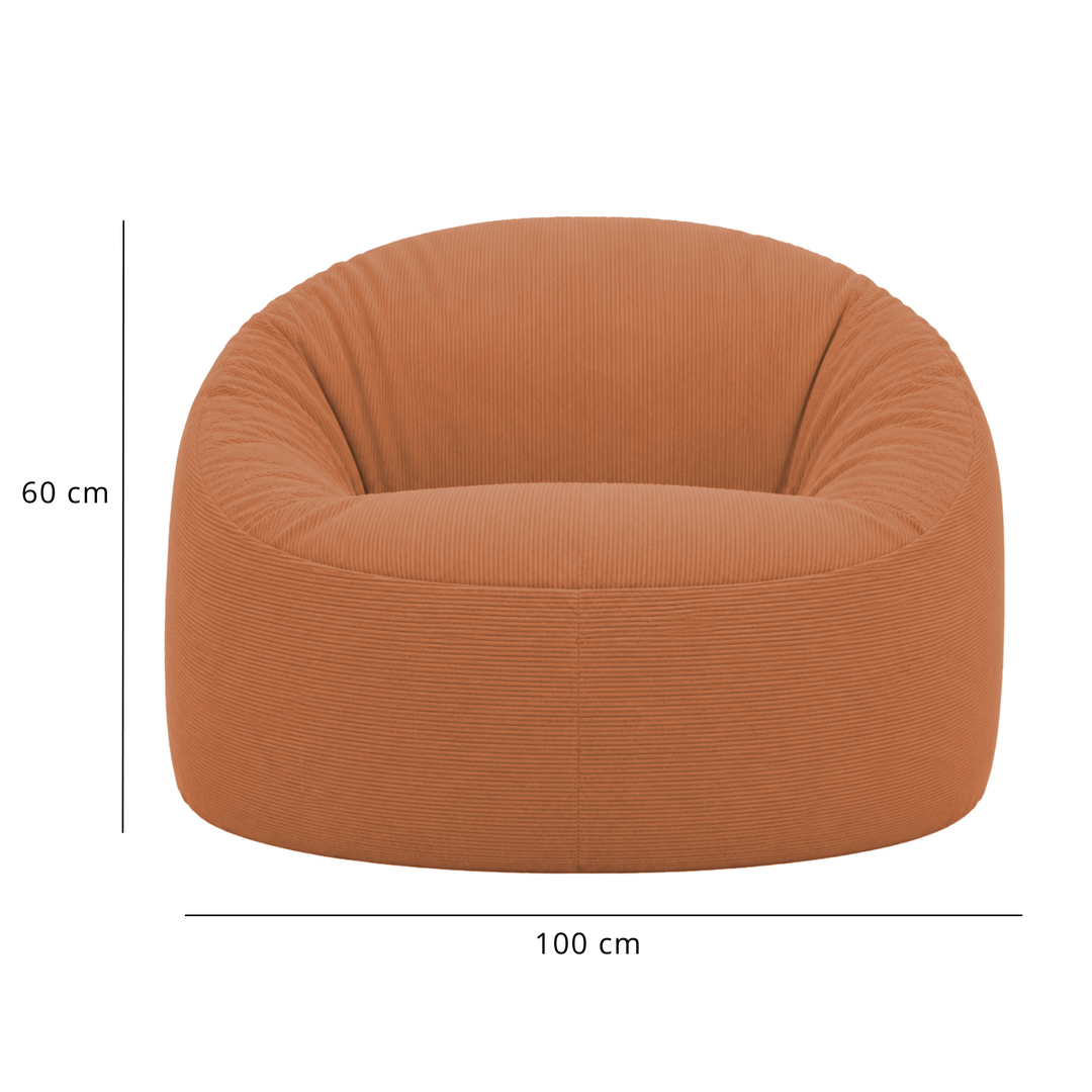 Pouf déhoussable en velours côtelé terracotta, dimensions 100 cm de diamètre.