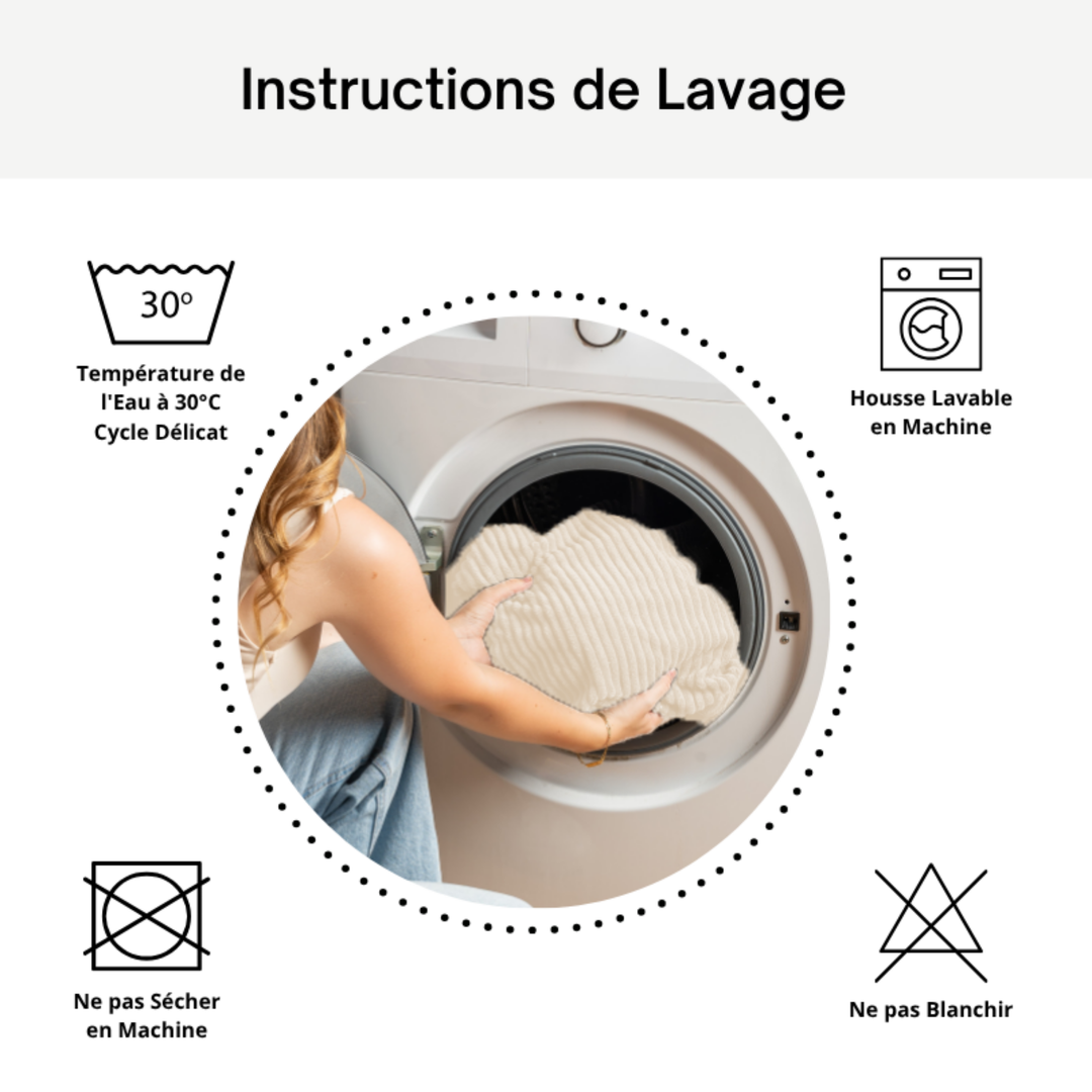 Pictogrammes de lavage : housse lavable en machine à 30 °C, sans blanchiment.