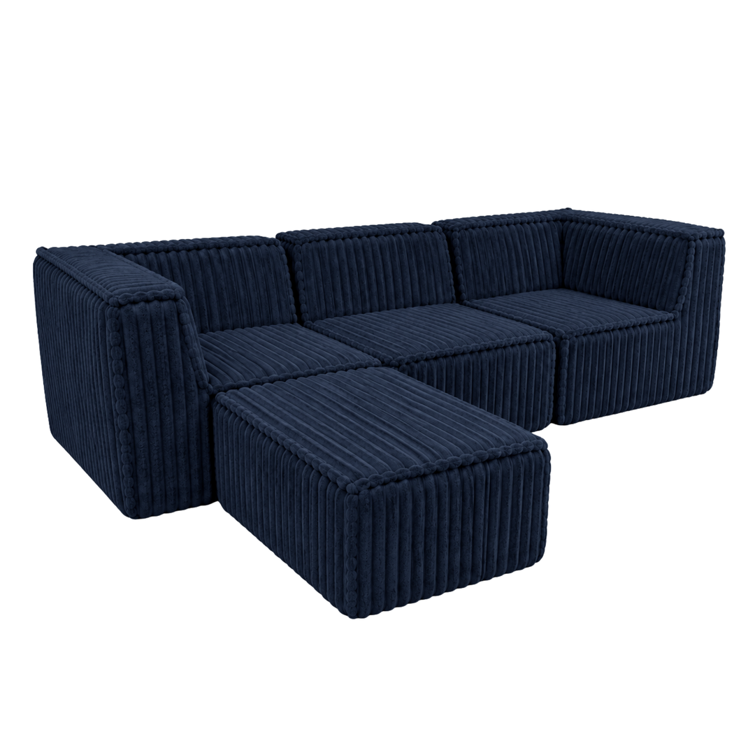 Canapé modulable bleu en fourrure côtelée avec méridienne