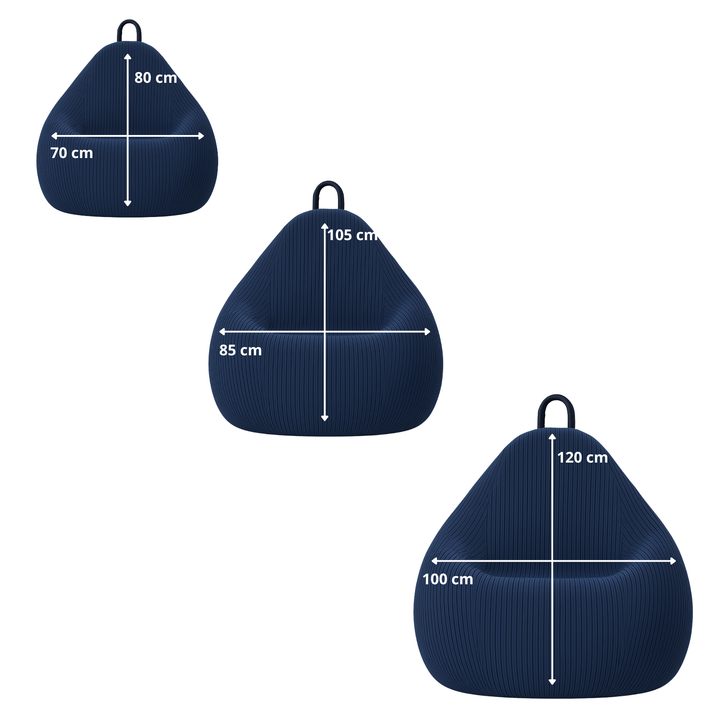 Schéma des dimensions du pouf poire déhoussable en velours côtelé : (80x70, 85x105, 100x120 cm).