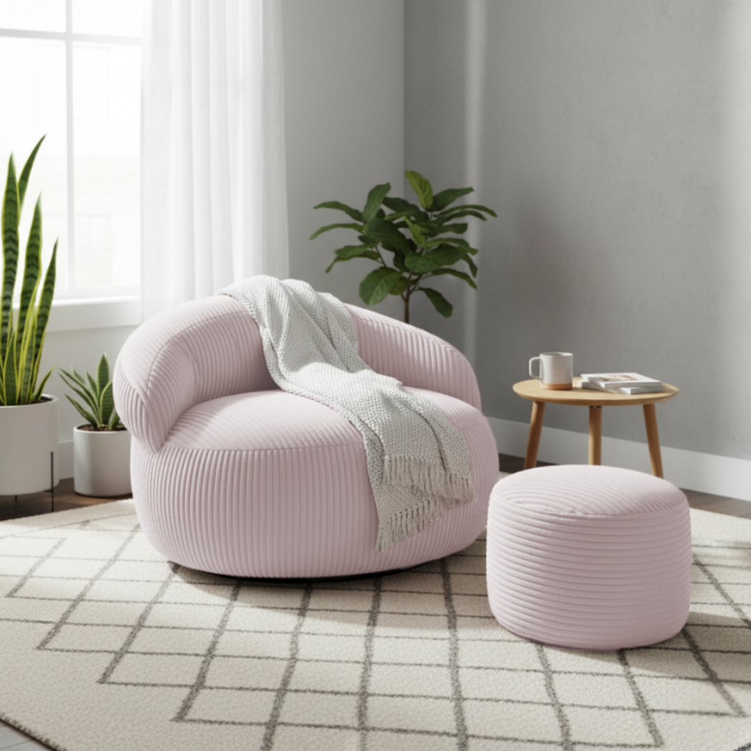 Pouf XXL en velours côtelé rose pâle avec repose-pieds assorti