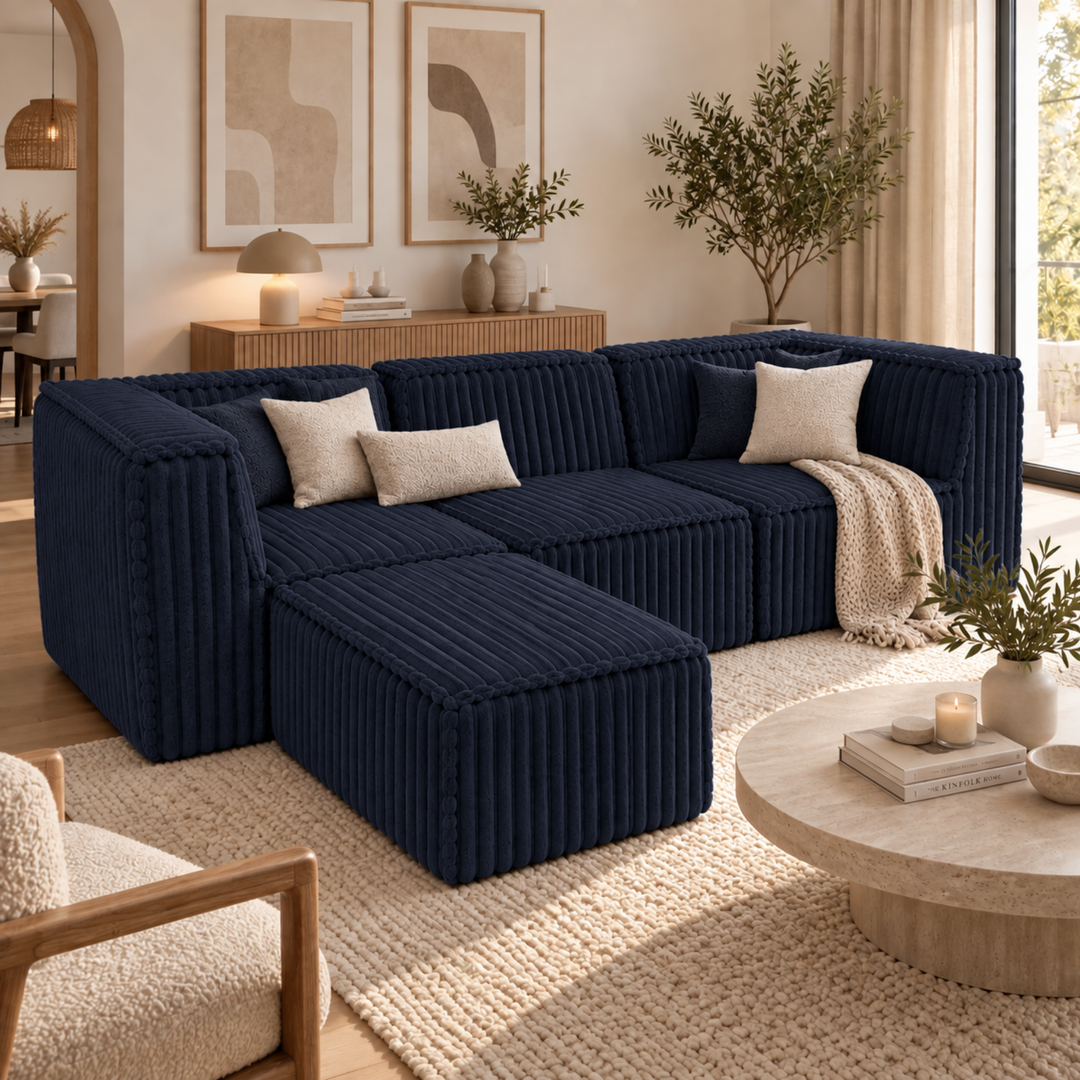 Canapé modulable bleu avec méridienne, coussins et accoudoirs en fourrure côtelée