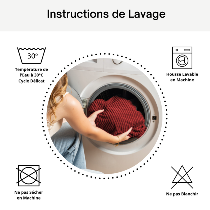 Pictogrammes d’entretien : lavage 30 °C, housse lavable, ne pas blanchir.