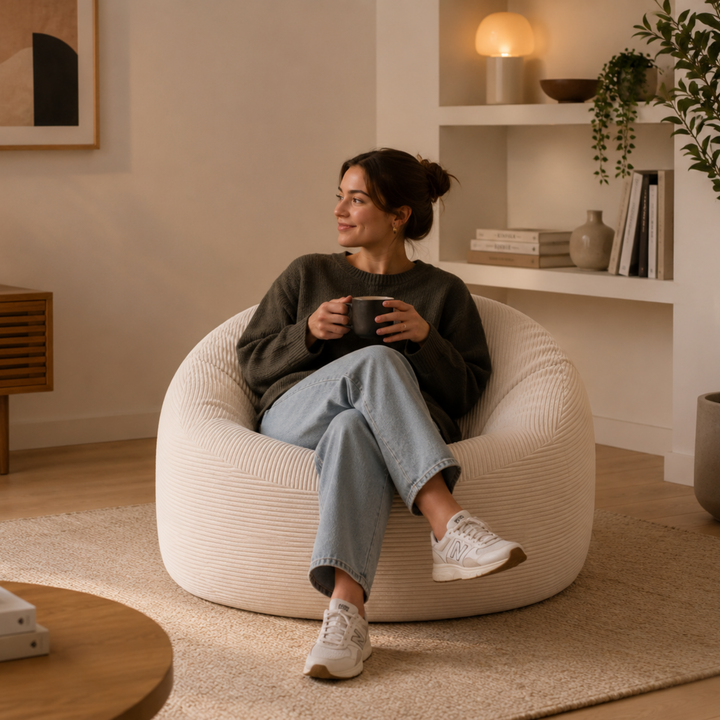 Personne assise sur un pouf déhoussable en velours côtelé épais