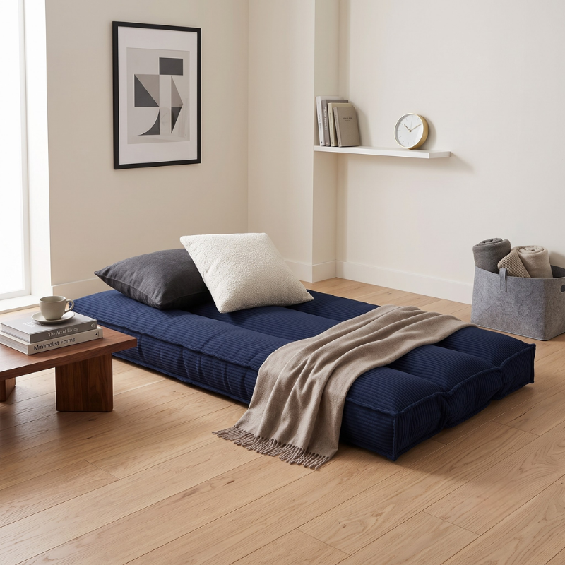 Futon déhoussable bleu foncé, couchage 90 x 190 cm